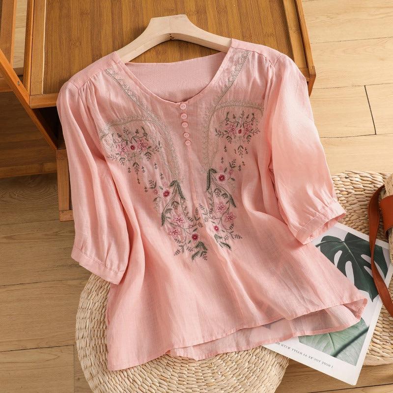 Women's Embroidered Blouse - Round Neck, Three-Quarter Sleeves, Button Placket - Casual Top for Everyday Wear