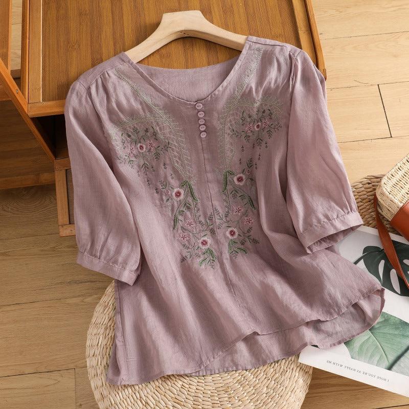 Women's Embroidered Blouse - Round Neck, Three-Quarter Sleeves, Button Placket - Casual Top for Everyday Wear