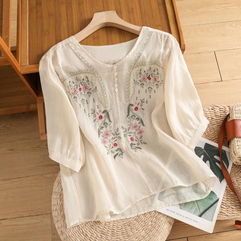 Women's Embroidered Blouse - Round Neck, Three-Quarter Sleeves, Button Placket - Casual Top for Everyday Wear