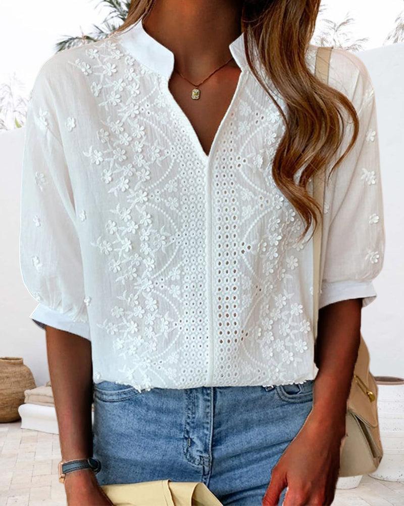 Women's Embroidered Puff Sleeve Blouse - Notch Neckline with Eyelet Front Panel for Casual Wear
