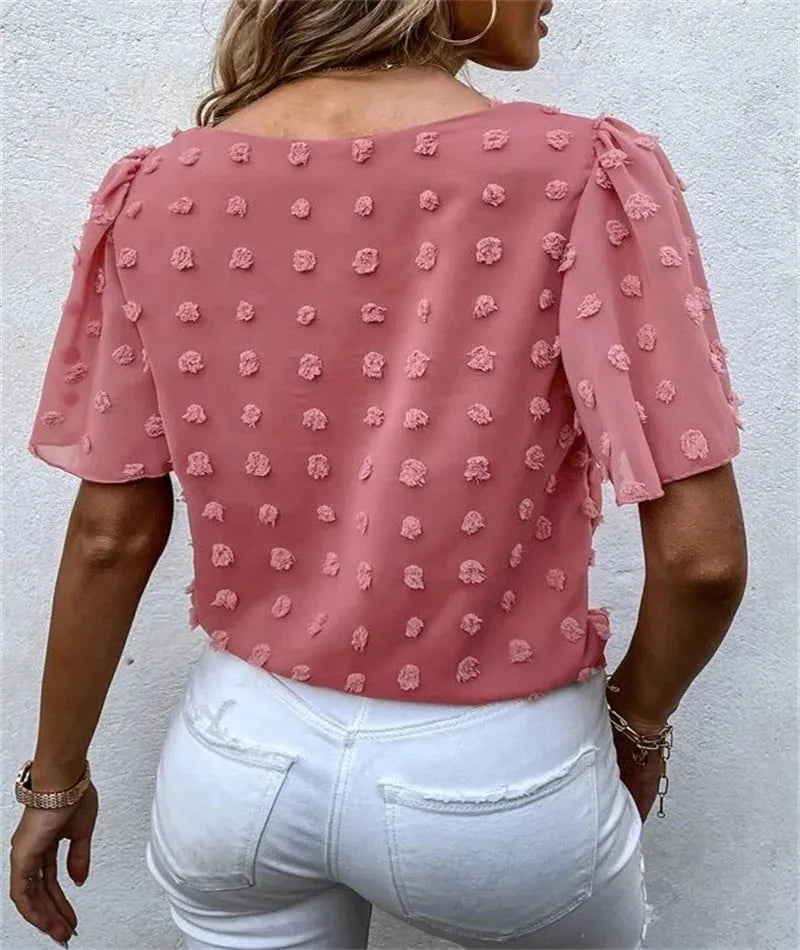 Women's Floral Appliqué Puff Sleeve Blouse - Round Neck Design for Casual Wear - Side Tie Detail