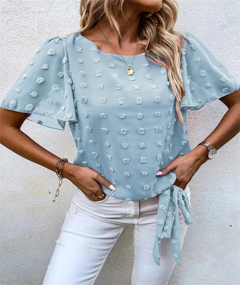 Women's Floral Appliqué Puff Sleeve Blouse - Round Neck Design for Casual Wear - Side Tie Detail
