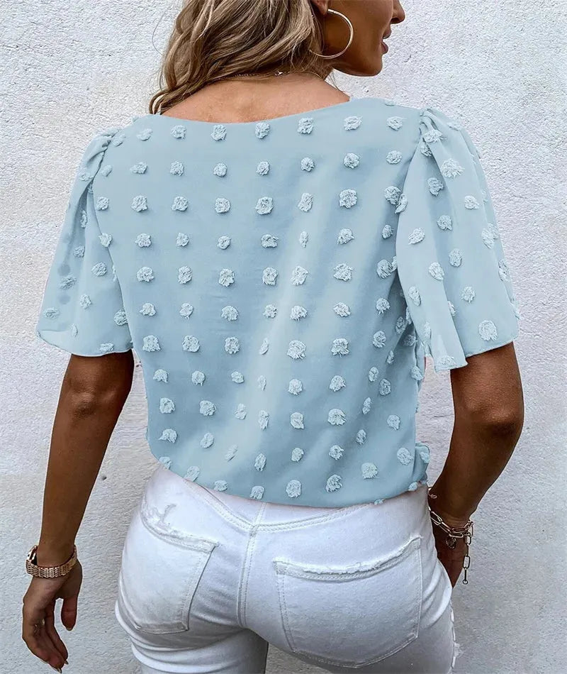 Women's Floral Appliqué Puff Sleeve Blouse - Round Neck Design for Casual Wear - Side Tie Detail