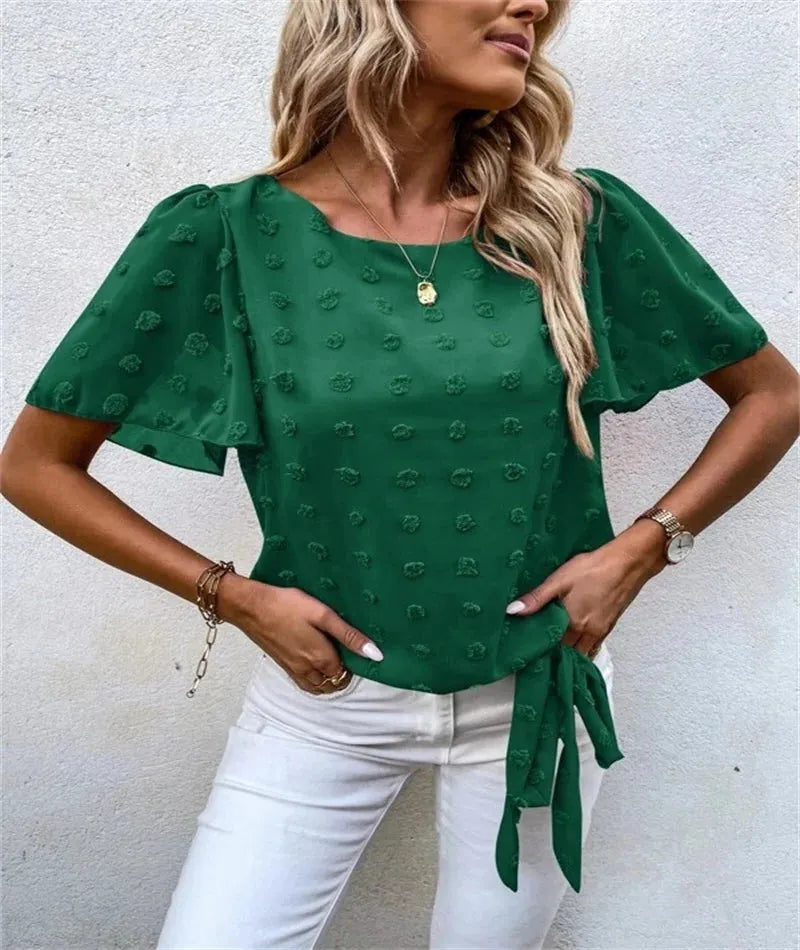 Women's Floral Appliqué Puff Sleeve Blouse - Round Neck Design for Casual Wear - Side Tie Detail