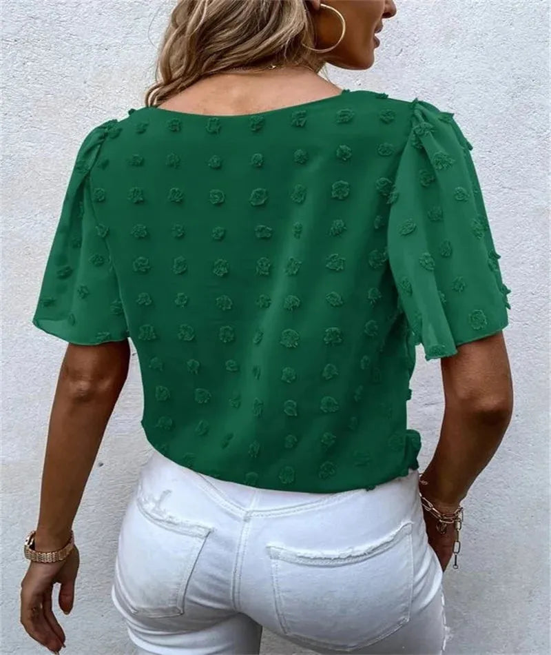 Women's Floral Appliqué Puff Sleeve Blouse - Round Neck Design for Casual Wear - Side Tie Detail