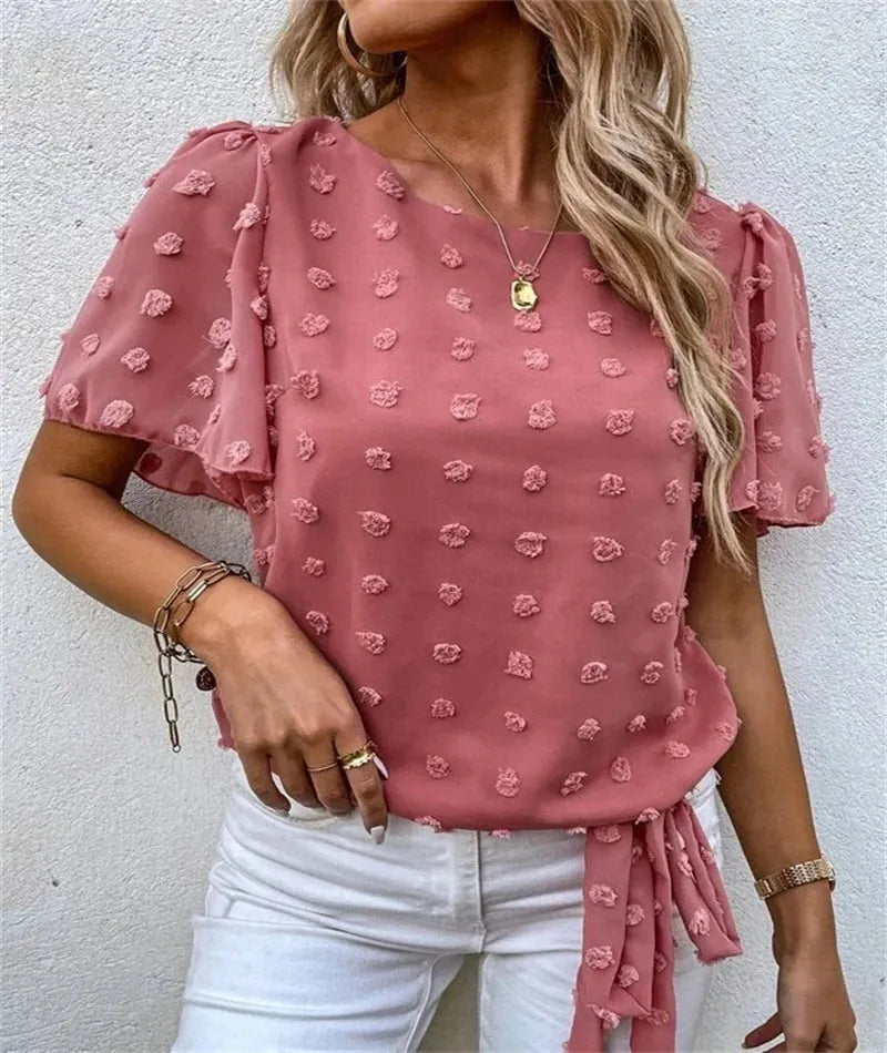 Women's Floral Appliqué Puff Sleeve Blouse - Round Neck Design for Casual Wear - Side Tie Detail