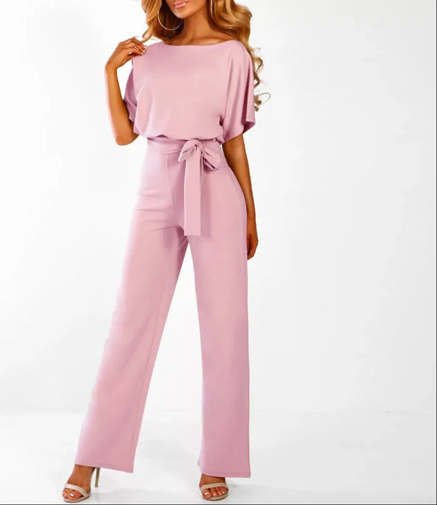 Women's Gathered Sleeve Jumpsuit with Tie Belt - Casual Chic Outfit for Everyday Wear