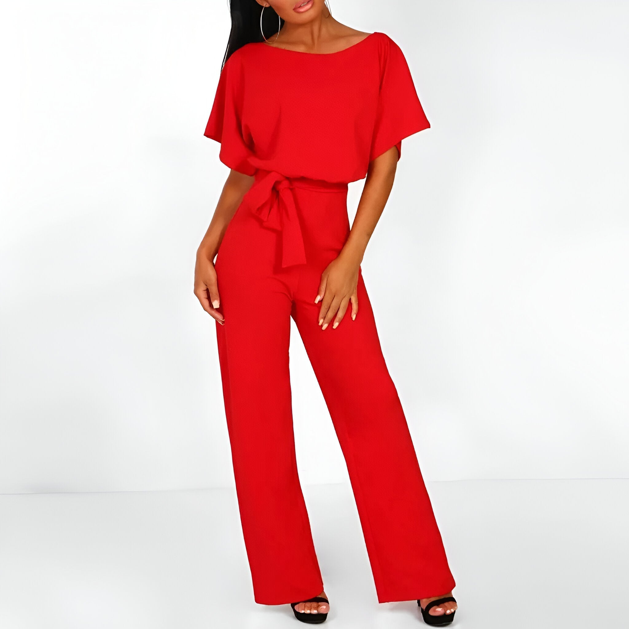 Women's Gathered Sleeve Jumpsuit with Tie Belt - Casual Chic Outfit for Everyday Wear