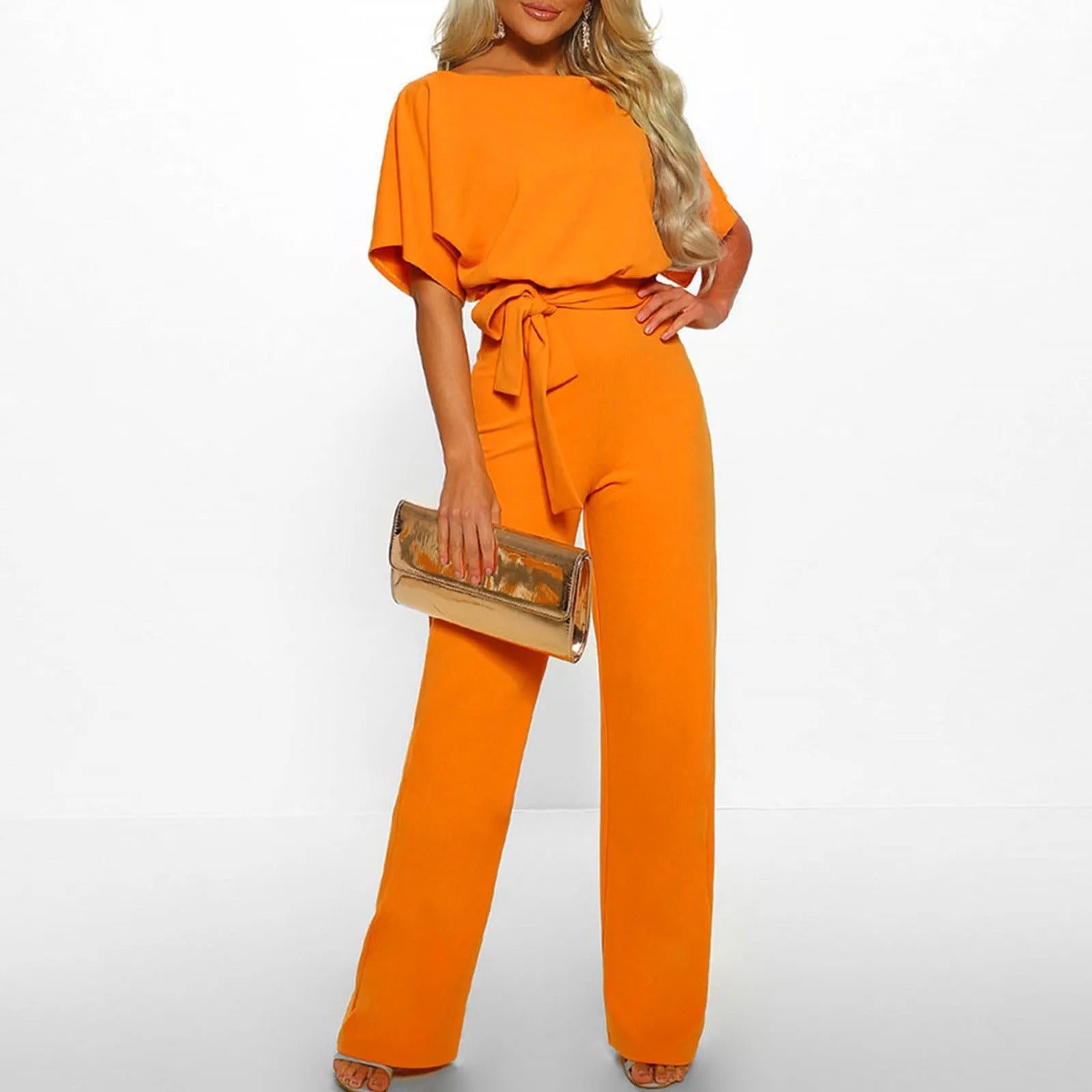Women's Gathered Sleeve Jumpsuit with Tie Belt - Casual Chic Outfit for Everyday Wear