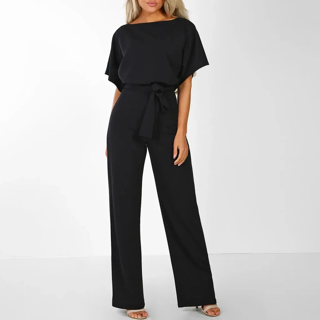 Women's Gathered Sleeve Jumpsuit with Tie Belt - Casual Chic Outfit for Everyday Wear