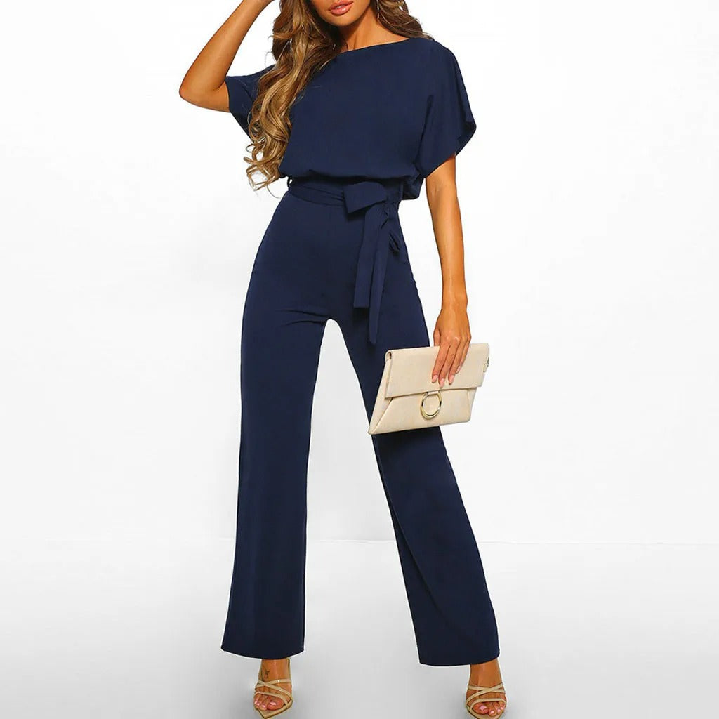 Women's Gathered Sleeve Jumpsuit with Tie Belt - Casual Chic Outfit for Everyday Wear