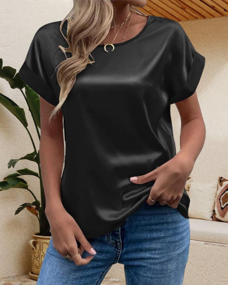 Women's Glossy Short Sleeve T-Shirt - Rolled Cuffs, Round Neck - Casual Wear for Everyday Style