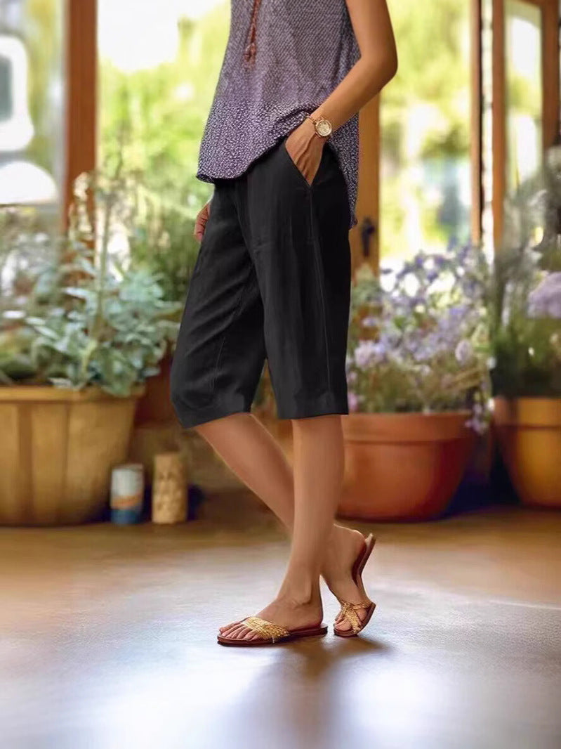 Women's Knee-Length Straight-Leg Shorts with Side Pockets - Woven Fabric Casual Summer Wear