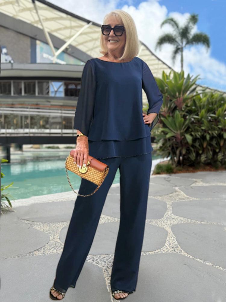 Women's Layered Top and Wide Leg Pants Set, Long Sleeve, Casual Outfit for Everyday Wear, Comfortable Fabric