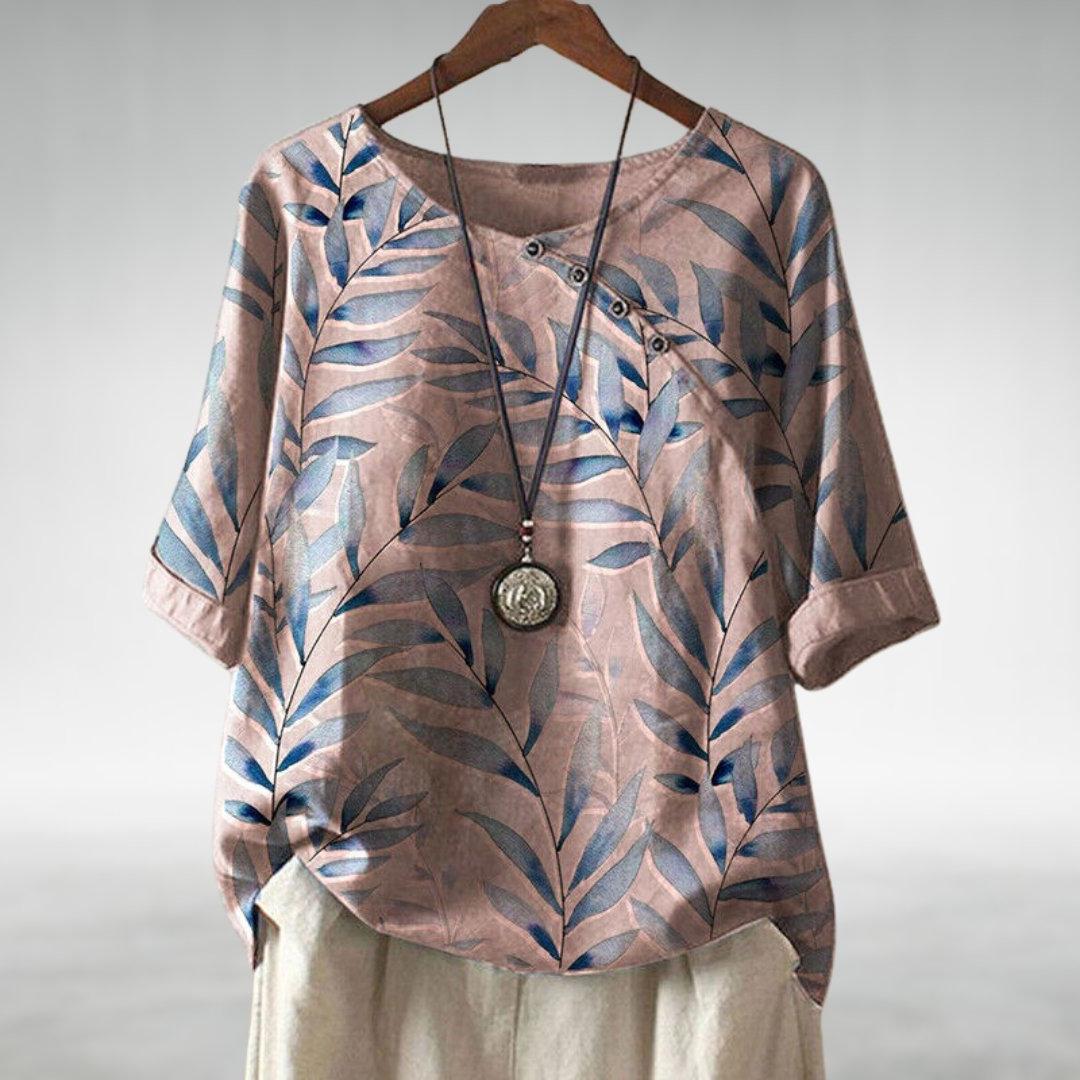 Women's Leaf Print Blouse - Half Sleeve, Round Neck, Button Placket, Straight Hem - Casual Top for Everyday Wear