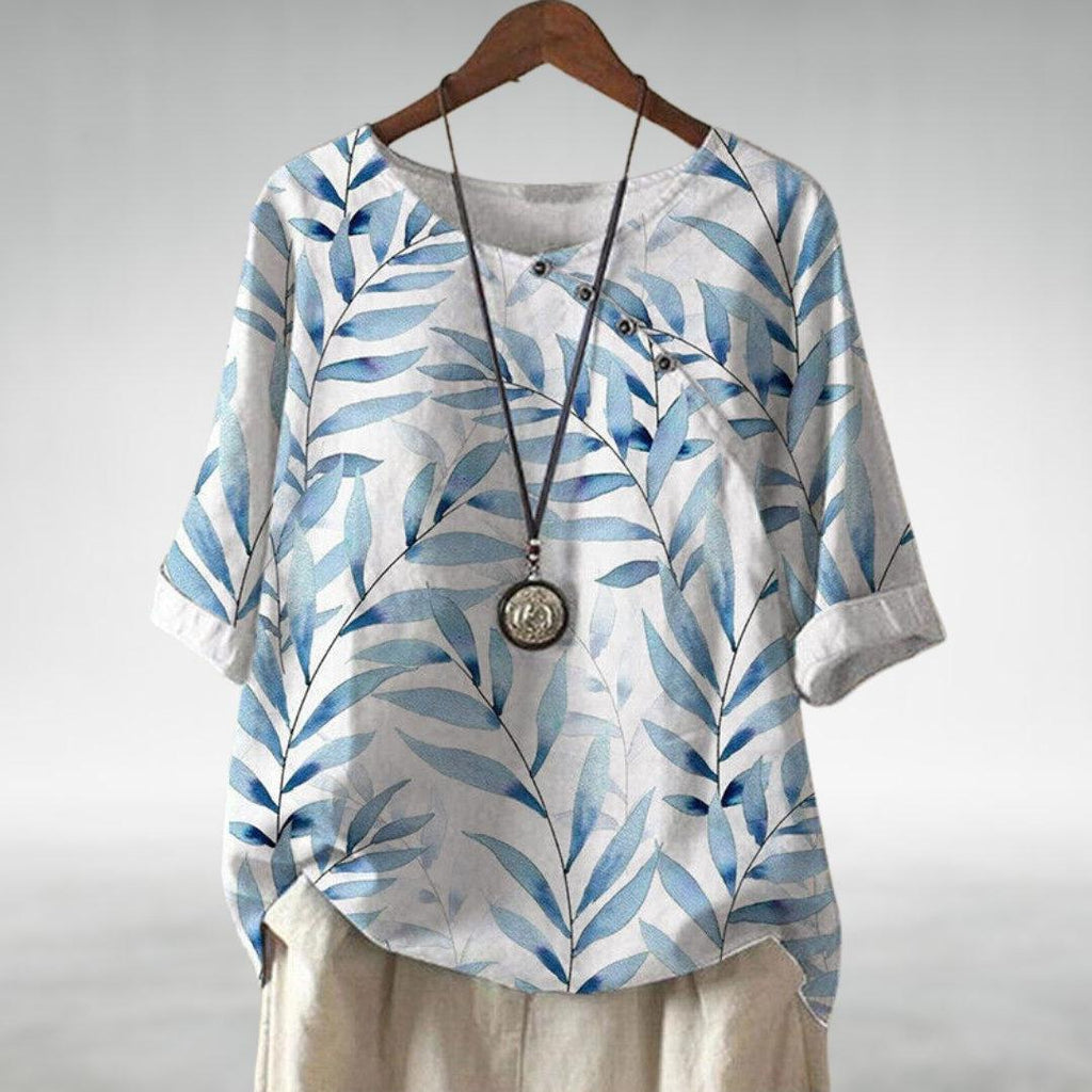 Women's Leaf Print Blouse - Half Sleeve, Round Neck, Button Placket, Straight Hem - Casual Top for Everyday Wear