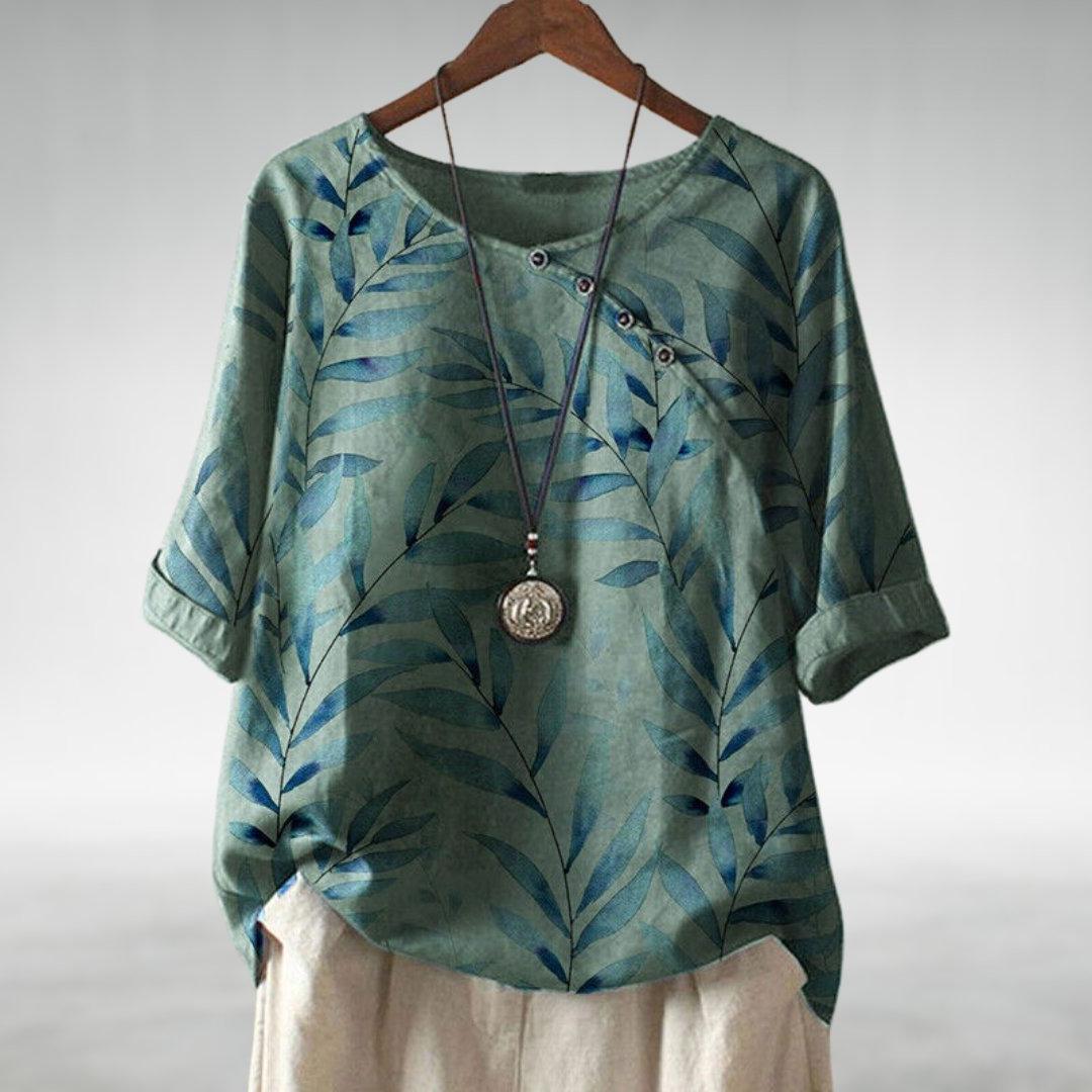 Women's Leaf Print Blouse - Half Sleeve, Round Neck, Button Placket, Straight Hem - Casual Top for Everyday Wear