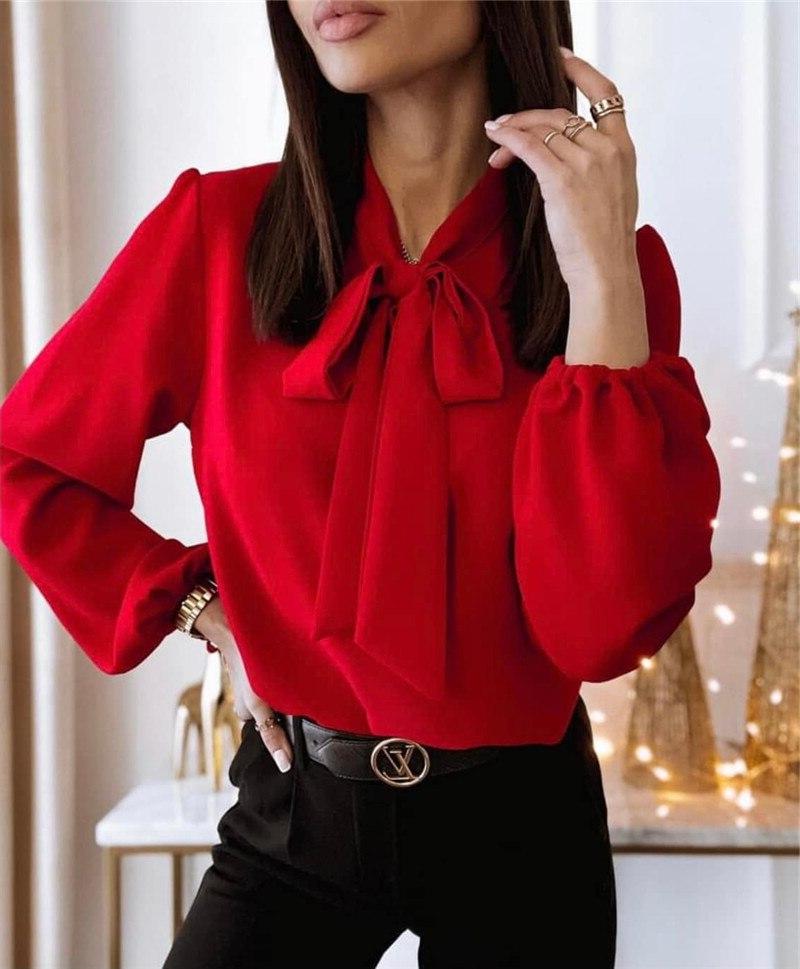 Women's Long Sleeve Blouse with Bow-Tie Neckline, Balloon Sleeves, and Straight Hemline for Casual or Office Wear