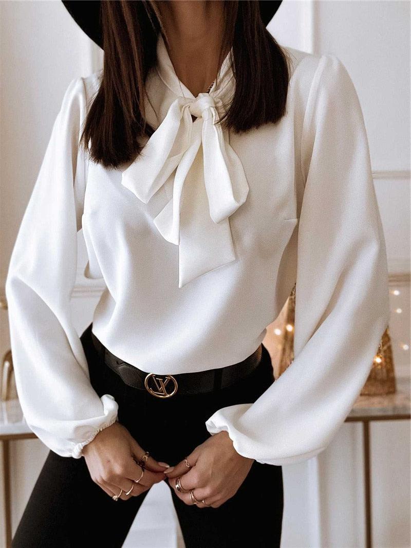 Women's Long Sleeve Blouse with Bow-Tie Neckline, Balloon Sleeves, and Straight Hemline for Casual or Office Wear