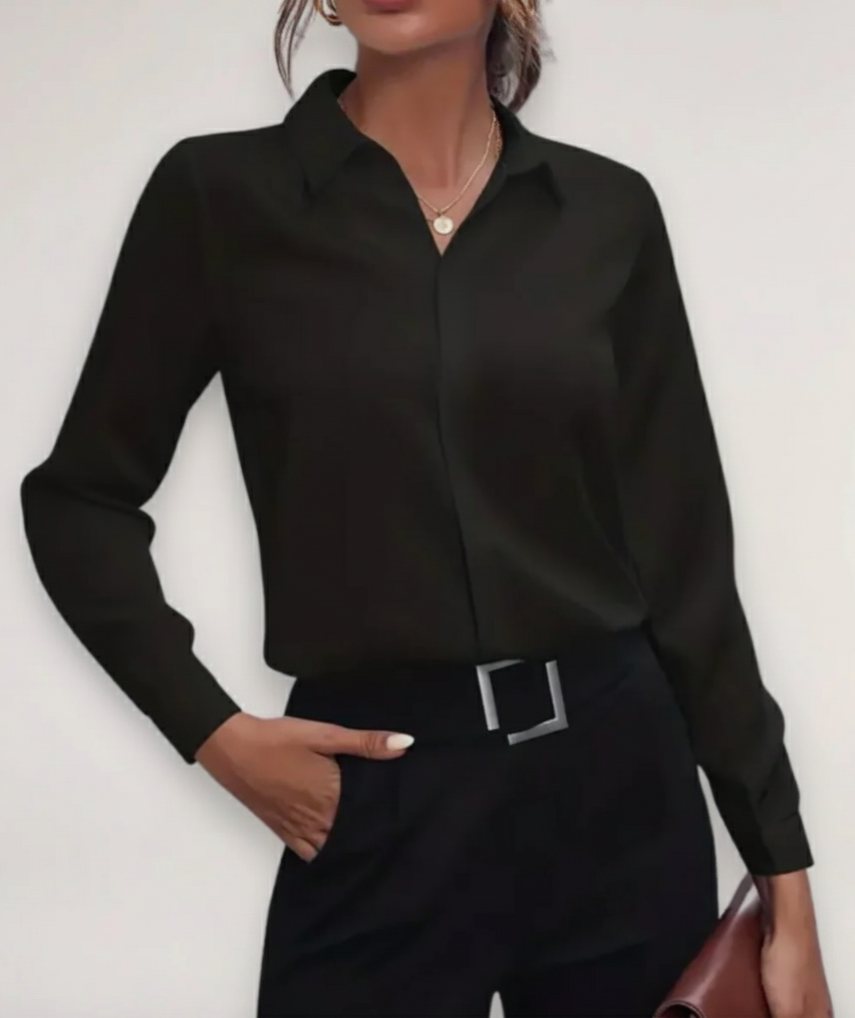Women's Long Sleeve Collared Blouse with Concealed Button Placket - Versatile Office or Casual Wear Top