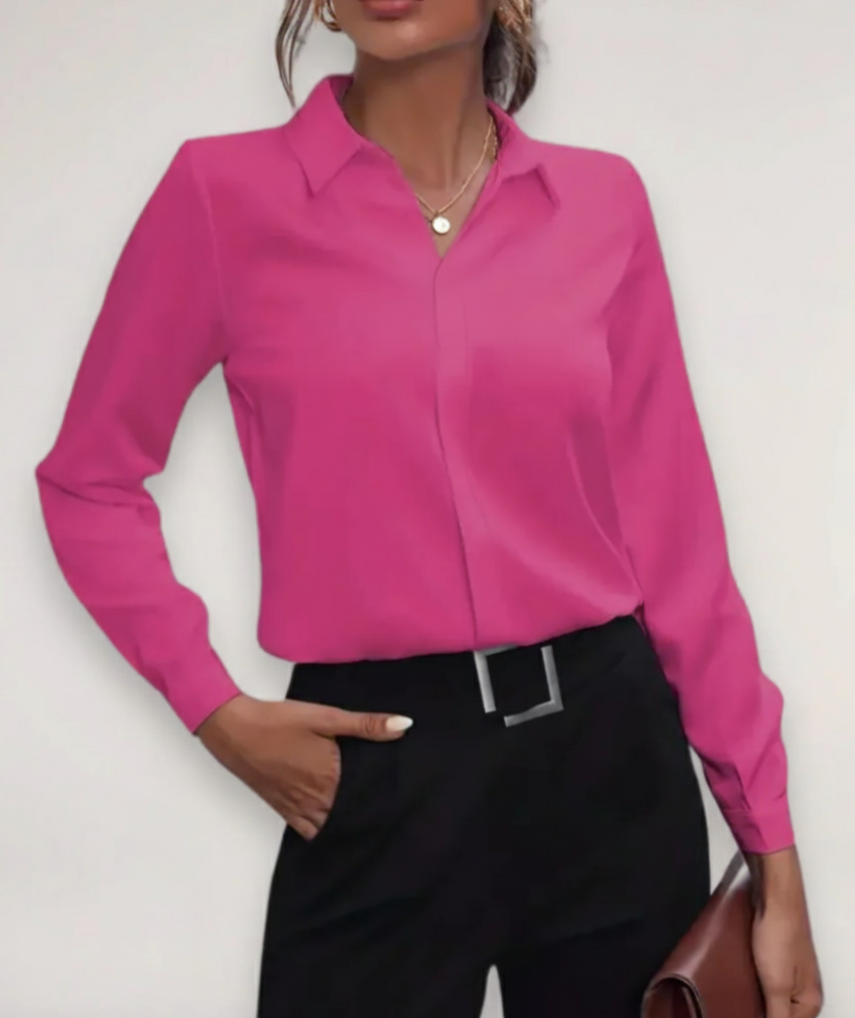 Women's Long Sleeve Collared Blouse with Concealed Button Placket - Versatile Office or Casual Wear Top