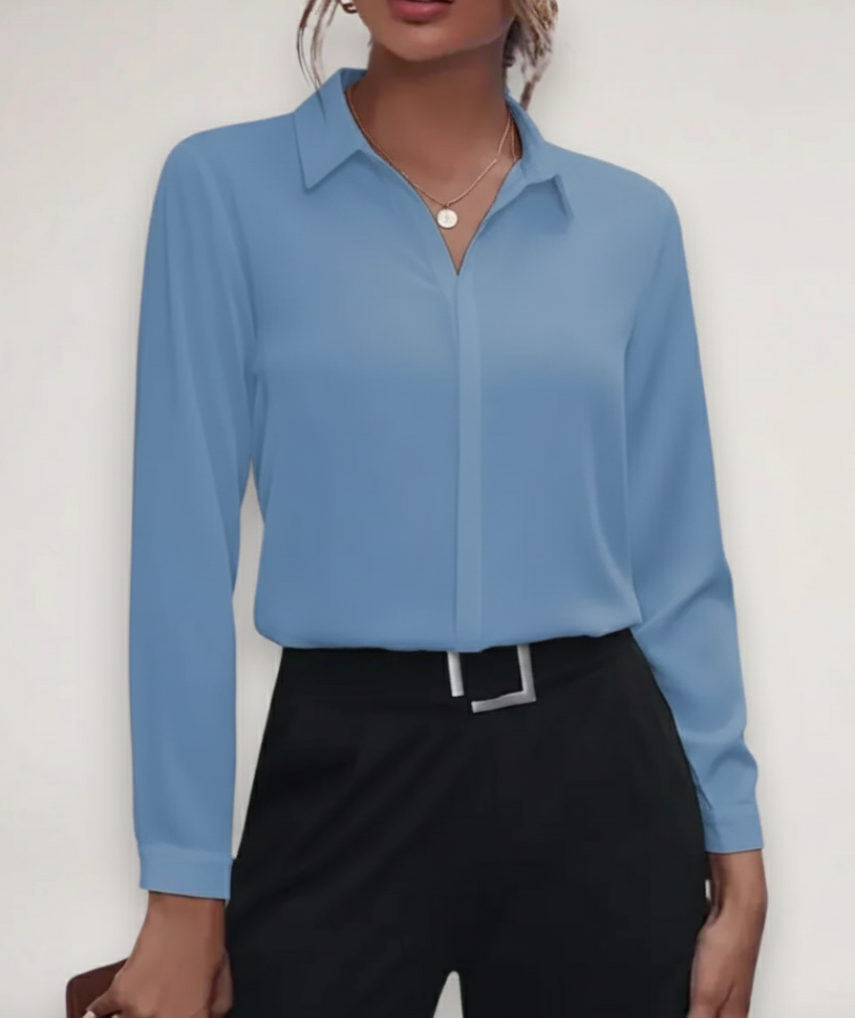 Women's Long Sleeve Collared Blouse with Concealed Button Placket - Versatile Office or Casual Wear Top