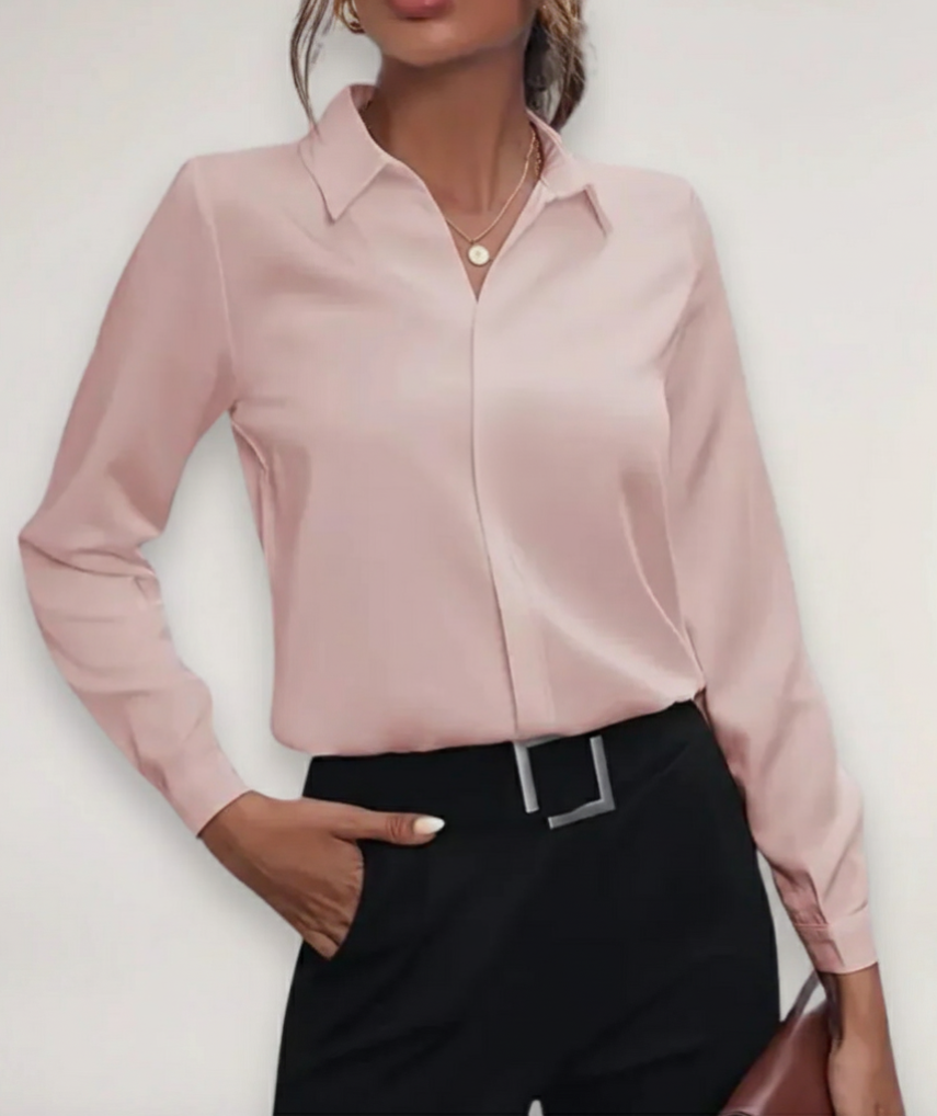 Women's Long Sleeve Collared Blouse with Concealed Button Placket - Versatile Office or Casual Wear Top