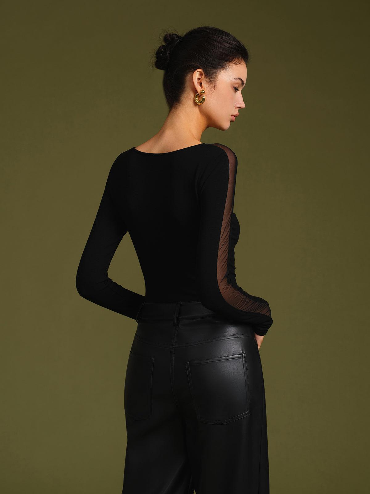 Women's Long Sleeve Sheer Mesh Panel Top - Round Neckline Casual Blouse for Everyday Wear