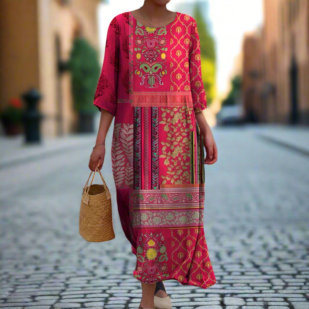 Women's Maxi Dress - Printed Round Neck, Three-Quarter Sleeves, Mixed Panel Design - Casual Wear for Spring and Summer