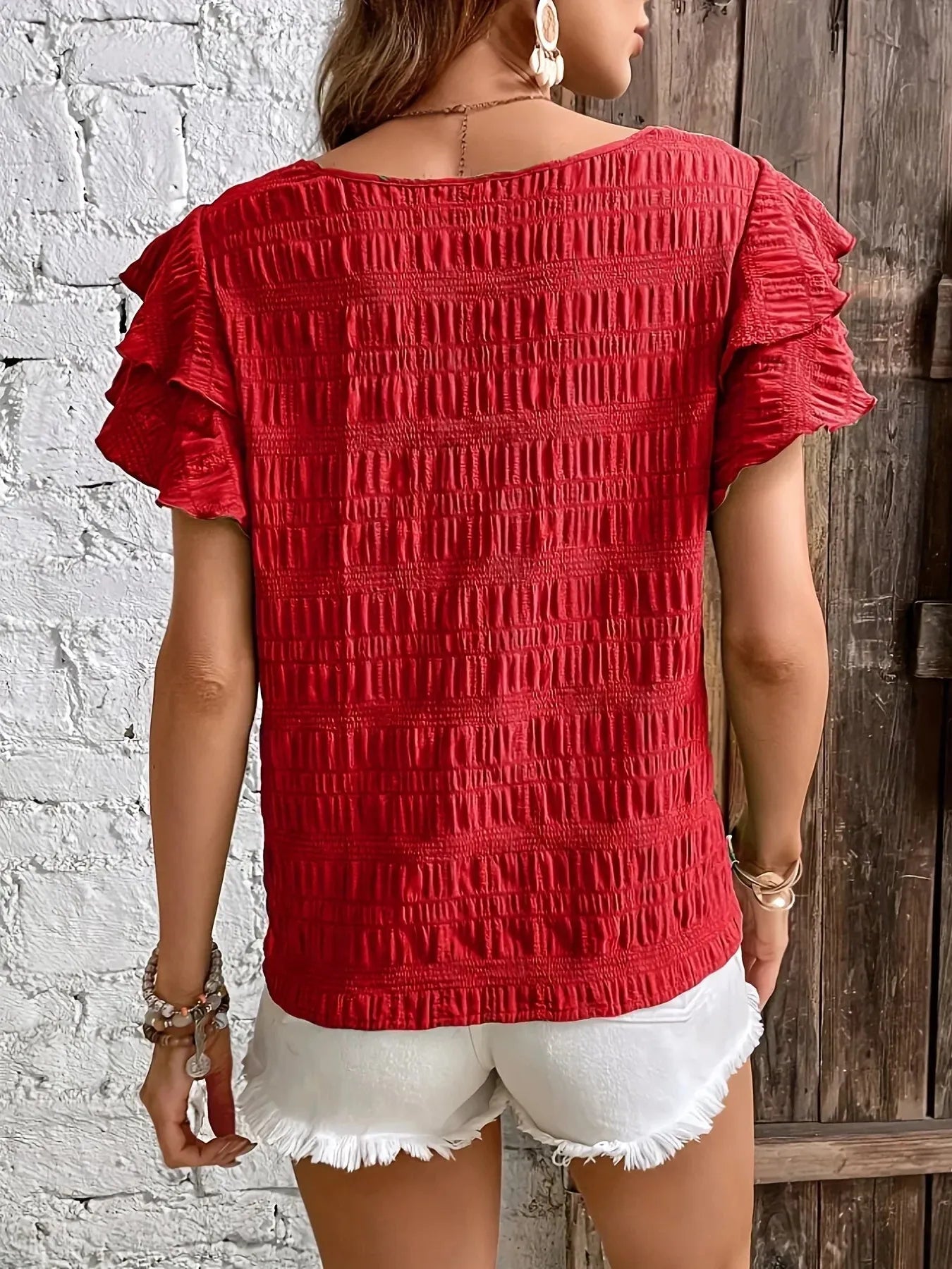 Women's Ruffle Sleeve Smocked Shirt - Round Neck Blouse for Casual Wear