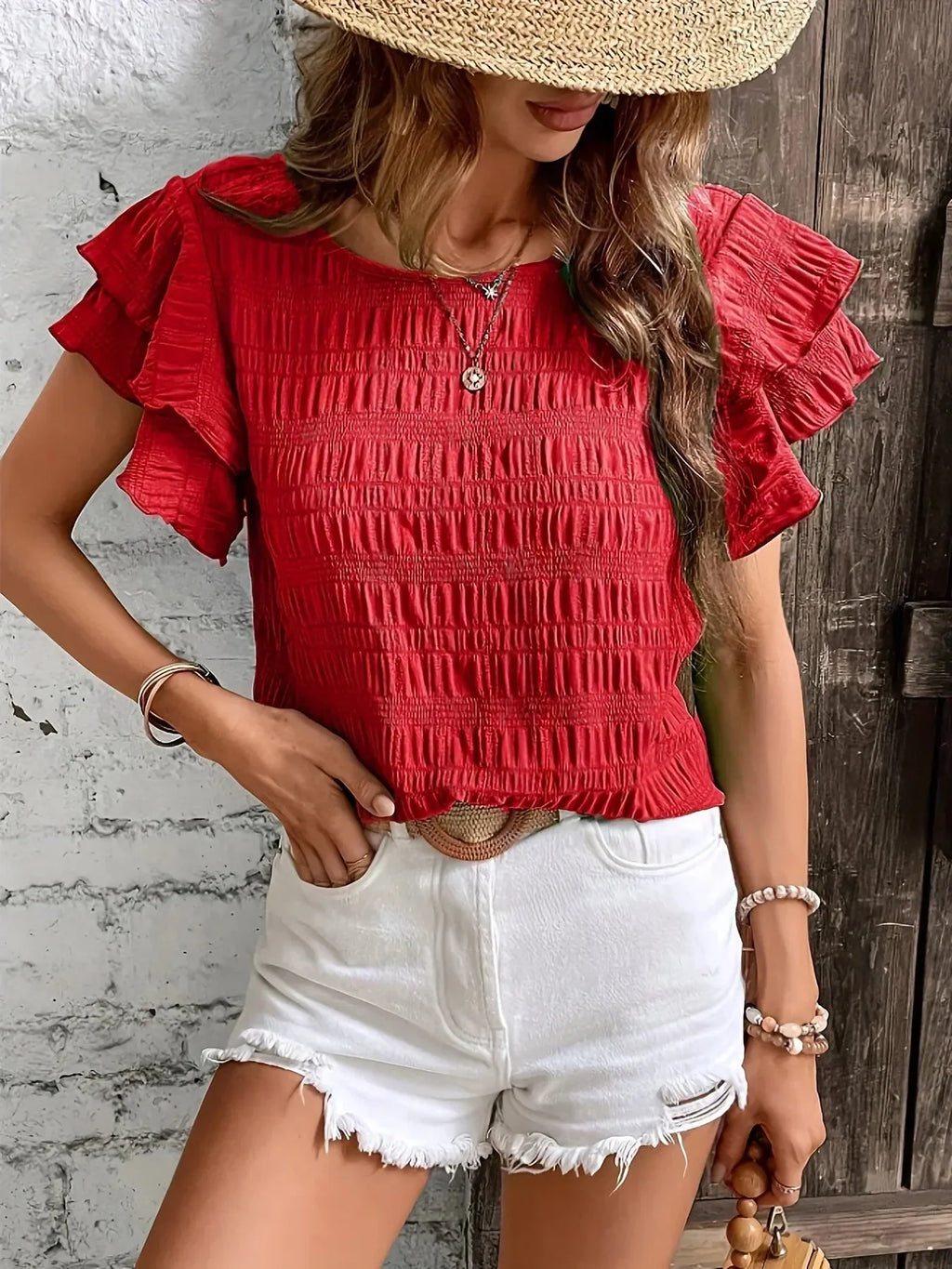 Women's Ruffle Sleeve Smocked Shirt - Round Neck Blouse for Casual Wear