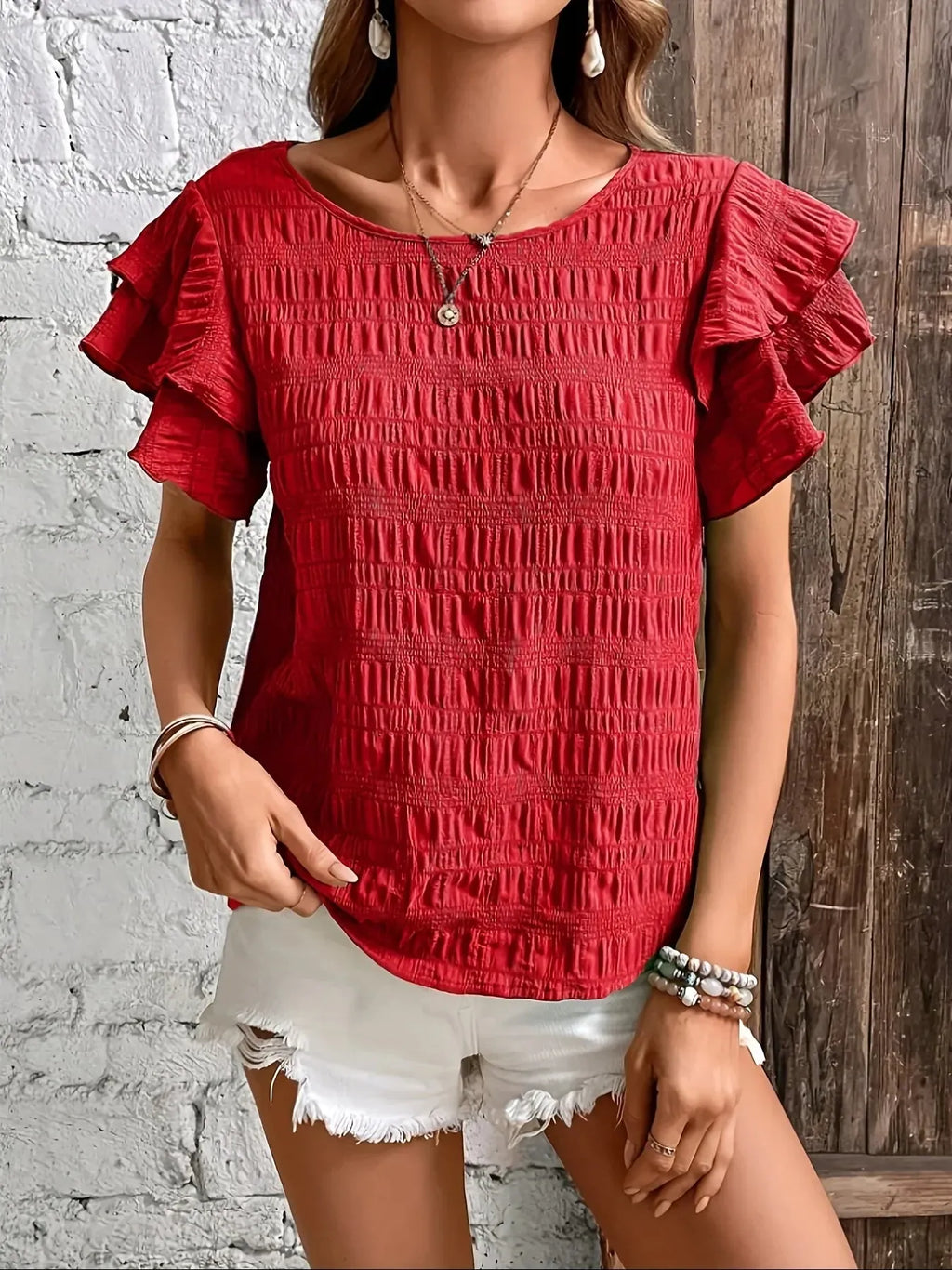 Women's Ruffle Sleeve Smocked Shirt - Round Neck Blouse for Casual Wear
