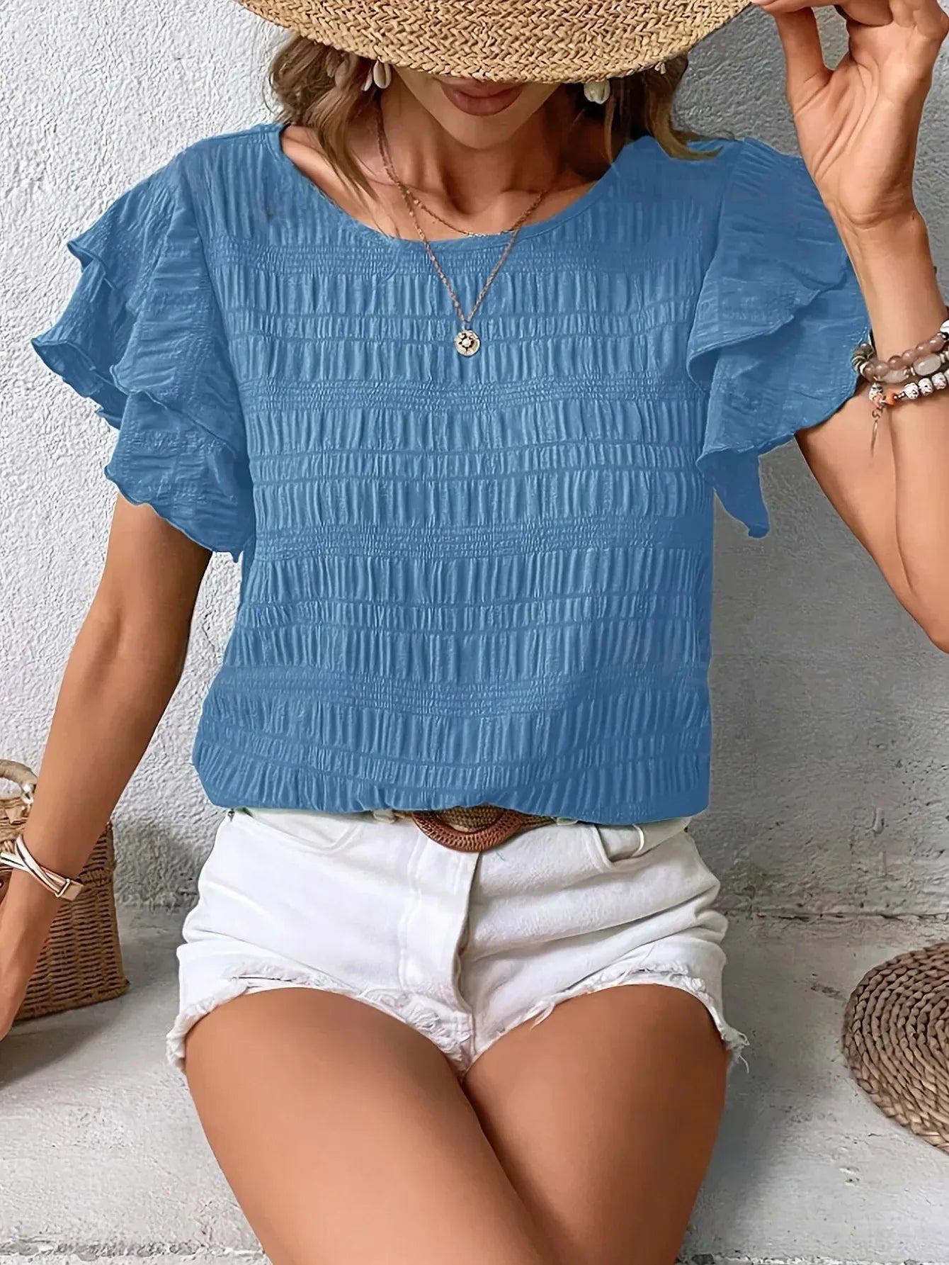 Women's Ruffle Sleeve Smocked Shirt - Round Neck Blouse for Casual Wear