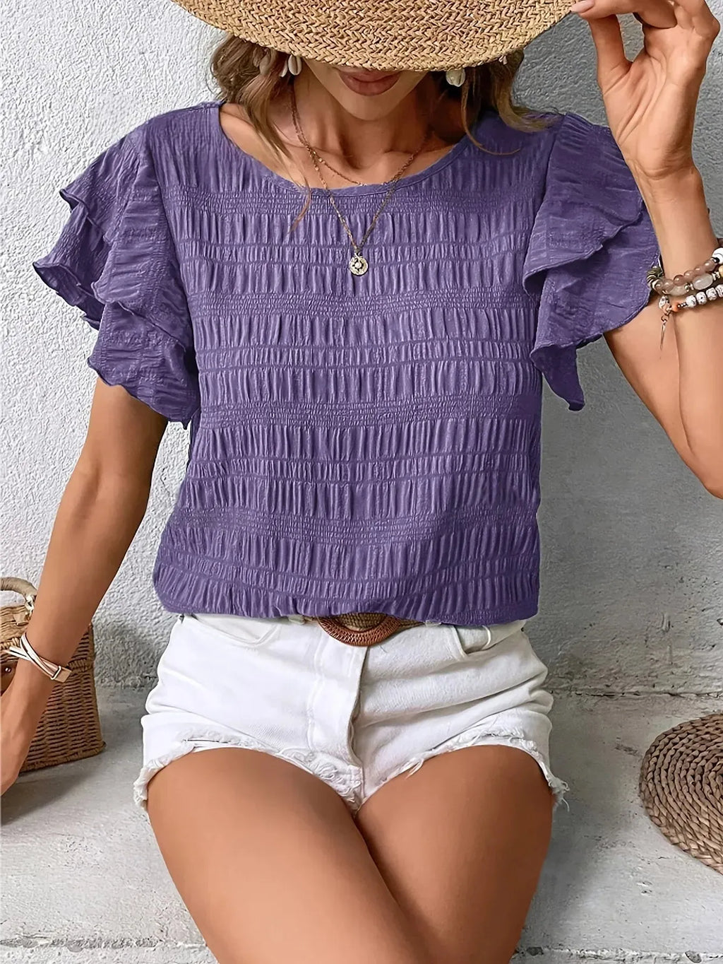 Women's Ruffle Sleeve Smocked Shirt - Round Neck Blouse for Casual Wear