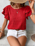 Women's Ruffle Sleeve Smocked Shirt - Round Neck Blouse for Casual Wear