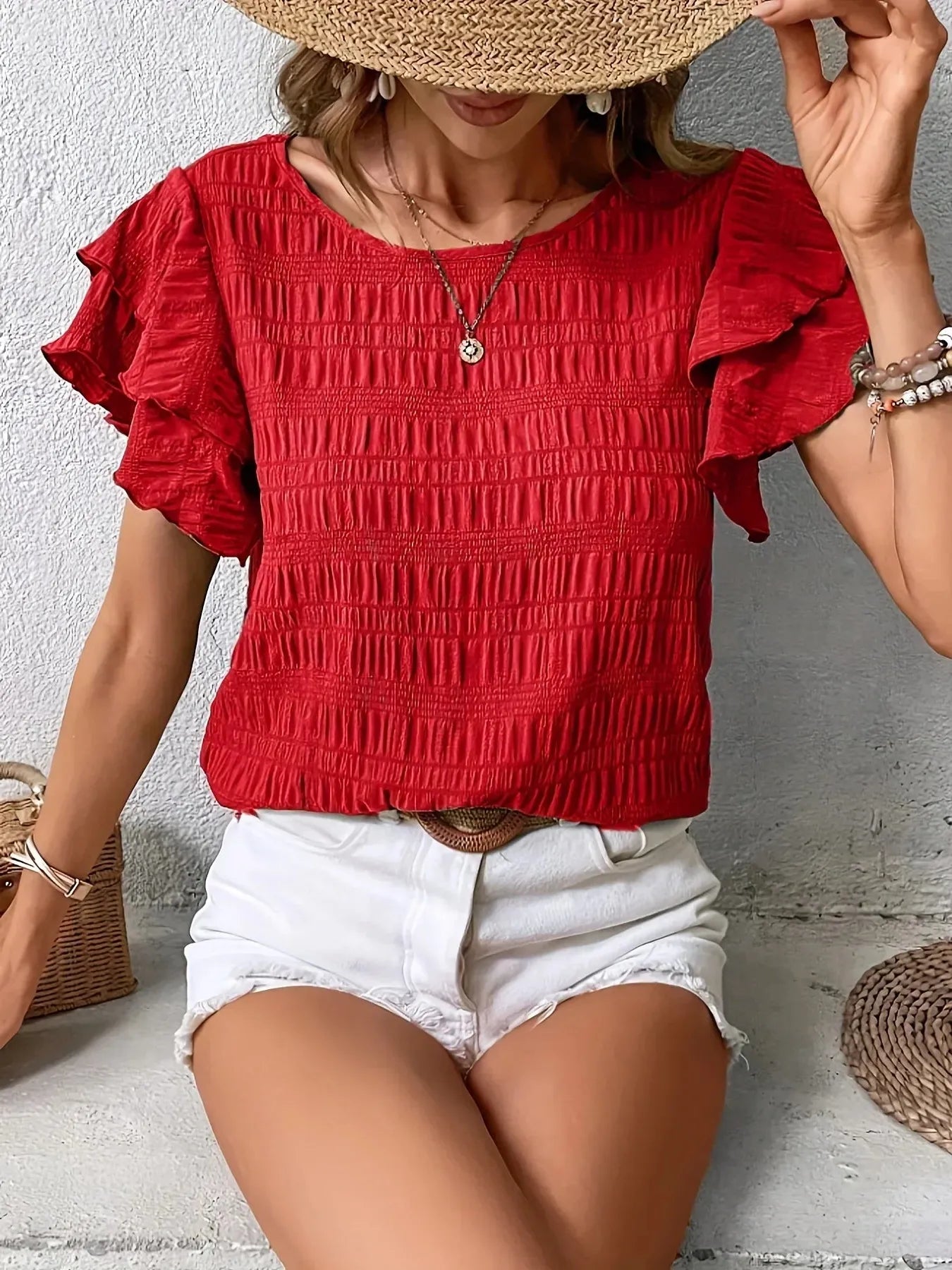 Women's Ruffle Sleeve Smocked Shirt - Round Neck Blouse for Casual Wear