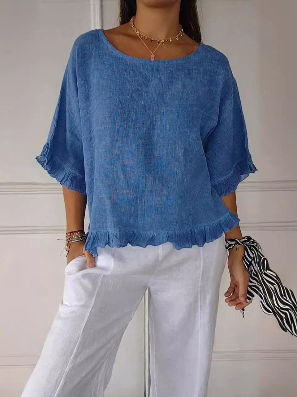 Women's Ruffle Trim Half-Sleeve Blouse - Round Neckline, Casual Top for Everyday Wear, Lightweight Fabric