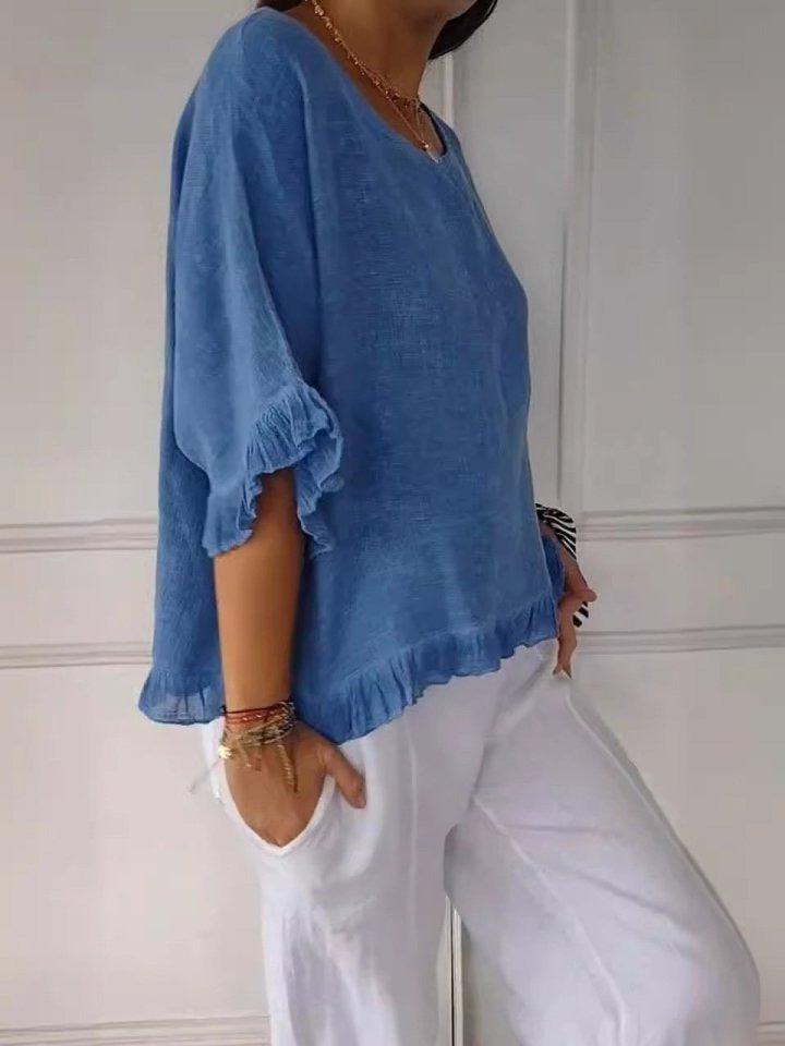 Women's Ruffle Trim Half-Sleeve Blouse - Round Neckline, Casual Top for Everyday Wear, Lightweight Fabric