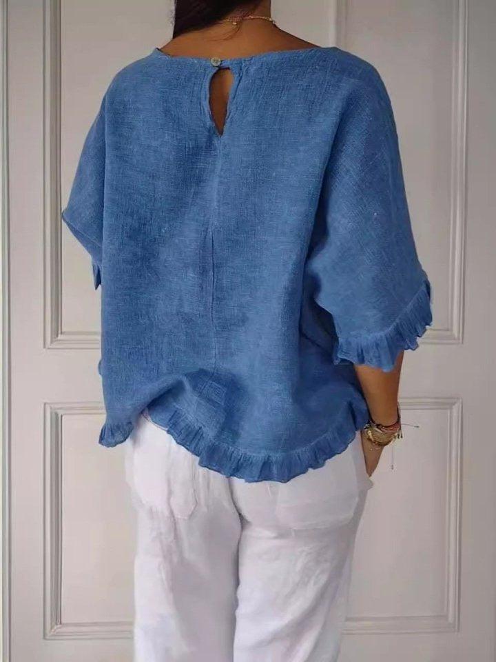 Women's Ruffle Trim Half-Sleeve Blouse - Round Neckline, Casual Top for Everyday Wear, Lightweight Fabric