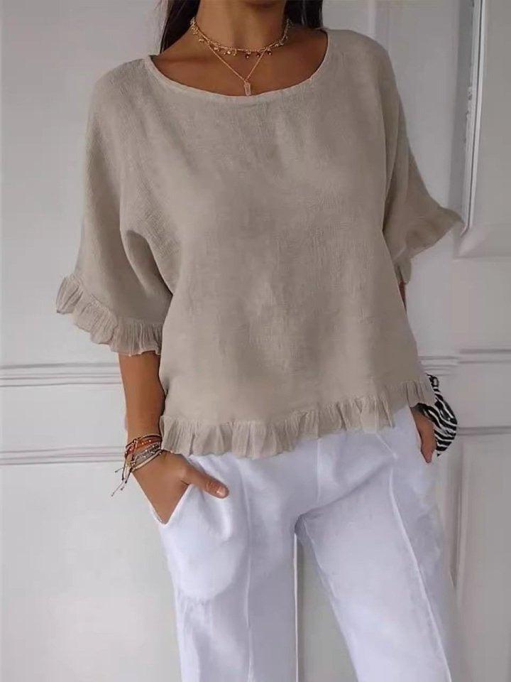 Women's Ruffle Trim Half-Sleeve Blouse - Round Neckline, Casual Top for Everyday Wear, Lightweight Fabric