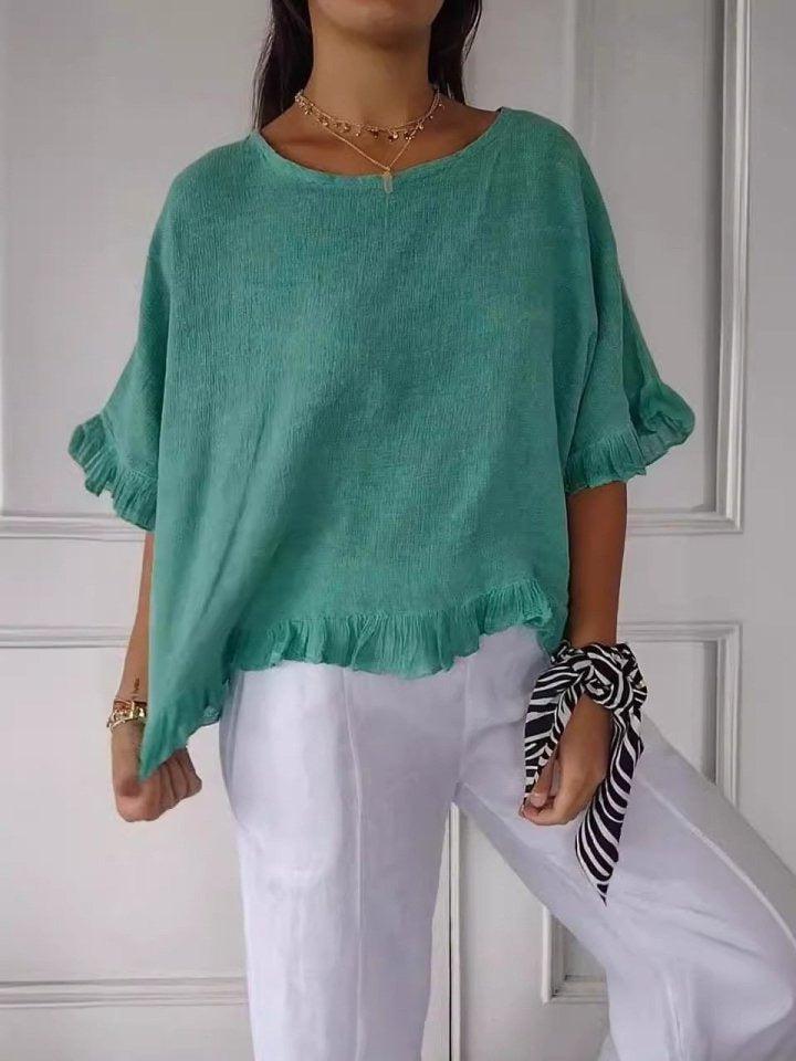 Women's Ruffle Trim Half-Sleeve Blouse - Round Neckline, Casual Top for Everyday Wear, Lightweight Fabric