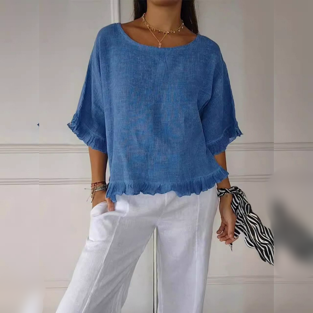 Women's Ruffle Trim Half-Sleeve Blouse - Round Neckline, Casual Top for Everyday Wear, Lightweight Fabric