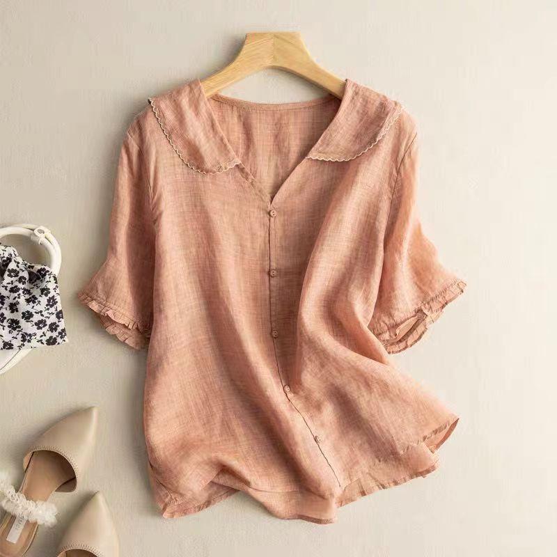 Women's Scalloped Collar Button-Front Blouse - Short Flared Sleeves - Casual Top for Everyday Wear