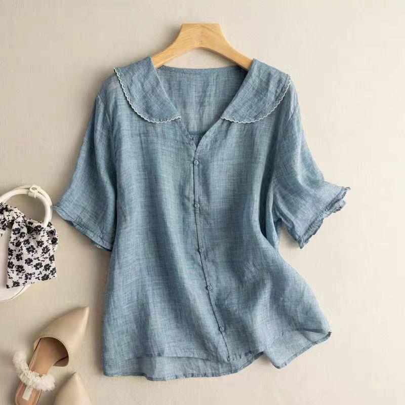 Women's Scalloped Collar Button-Front Blouse - Short Flared Sleeves - Casual Top for Everyday Wear