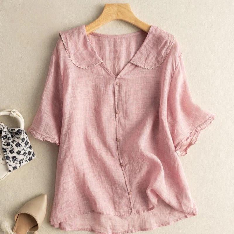 Women's Scalloped Collar Button-Front Blouse - Short Flared Sleeves - Casual Top for Everyday Wear
