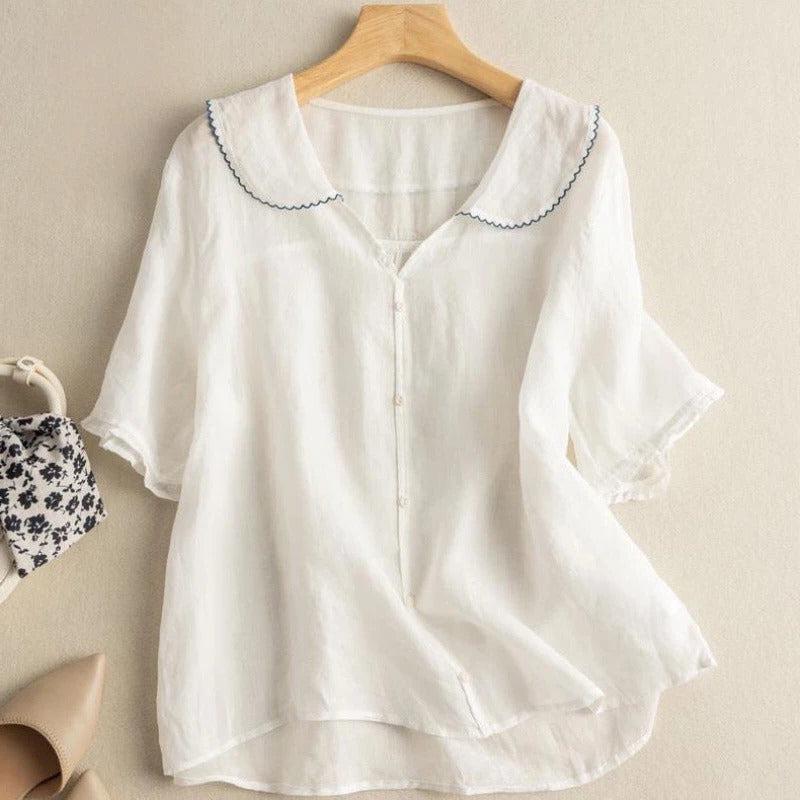 Women's Scalloped Collar Button-Front Blouse - Short Flared Sleeves - Casual Top for Everyday Wear