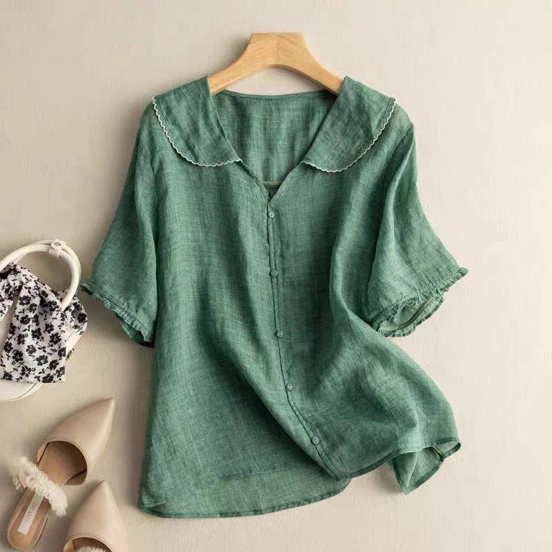 Women's Scalloped Collar Button-Front Blouse - Short Flared Sleeves - Casual Top for Everyday Wear