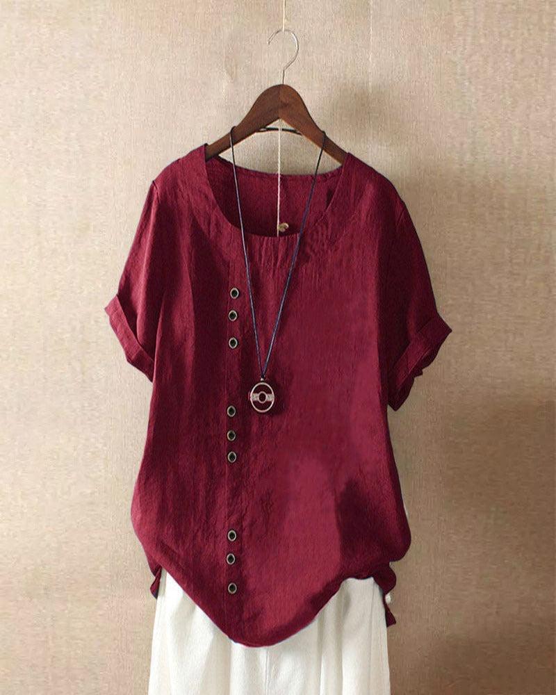 Women's Short Sleeve Blouse with Button Accents, Rolled Cuffs, and Round Neckline for Casual Wear