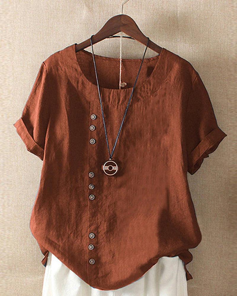 Women's Short Sleeve Blouse with Button Accents, Rolled Cuffs, and Round Neckline for Casual Wear