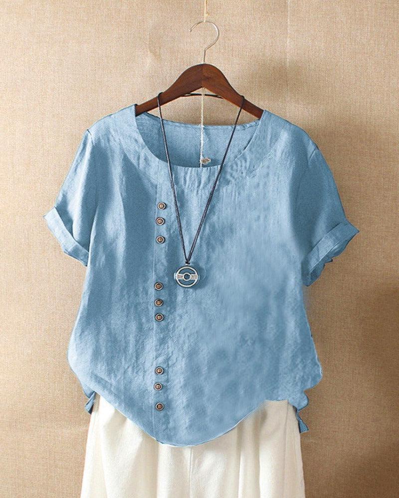 Women's Short Sleeve Blouse with Button Accents, Rolled Cuffs, and Round Neckline for Casual Wear